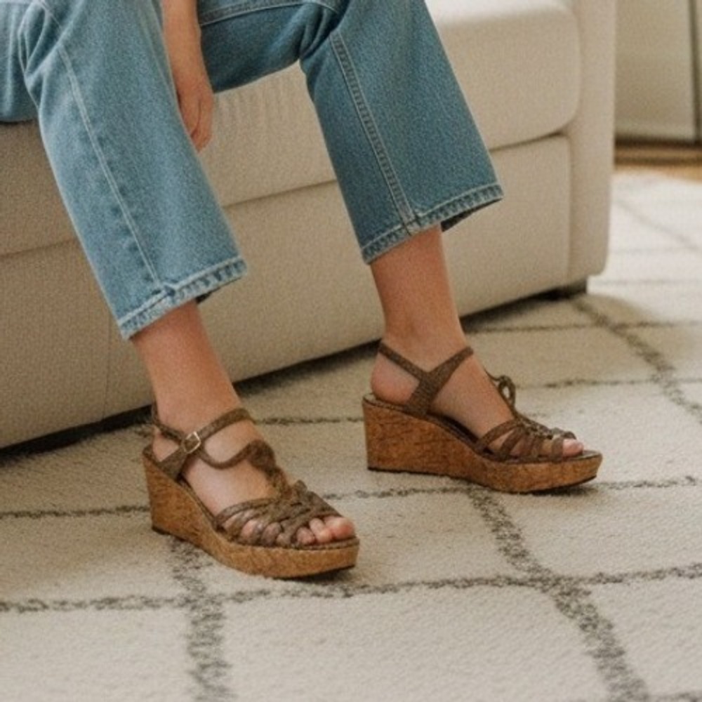 Tahari "Star" Faux Snakeskin Cork Platform‎ Wedge Sandals - Size 6.5M